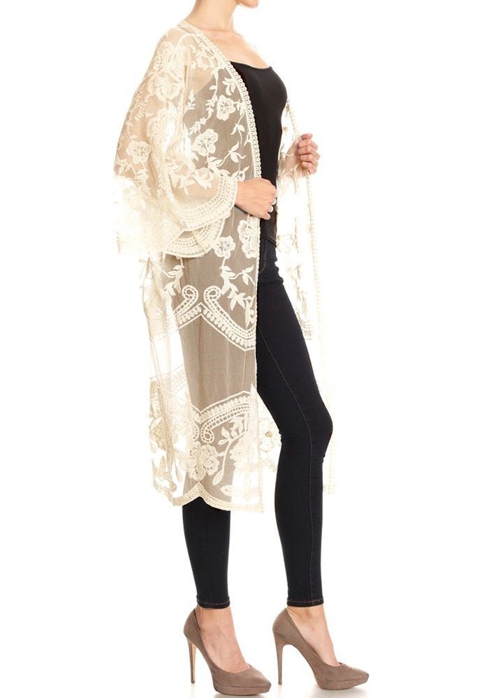 Anna-Kaci Floral Crochet Lace Cardigan for Women Beach Cover Ups Dress Kimono, Beige, OneSize - Image 4